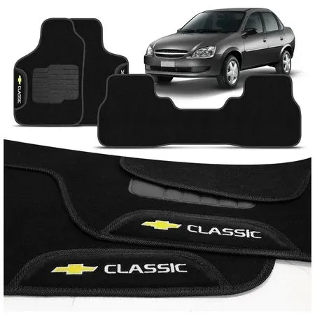 Jogo de Tapete Carpete Corsa Classic 2003 a 2016 Preto Com Logo Bordado Concept 3D 3 peças