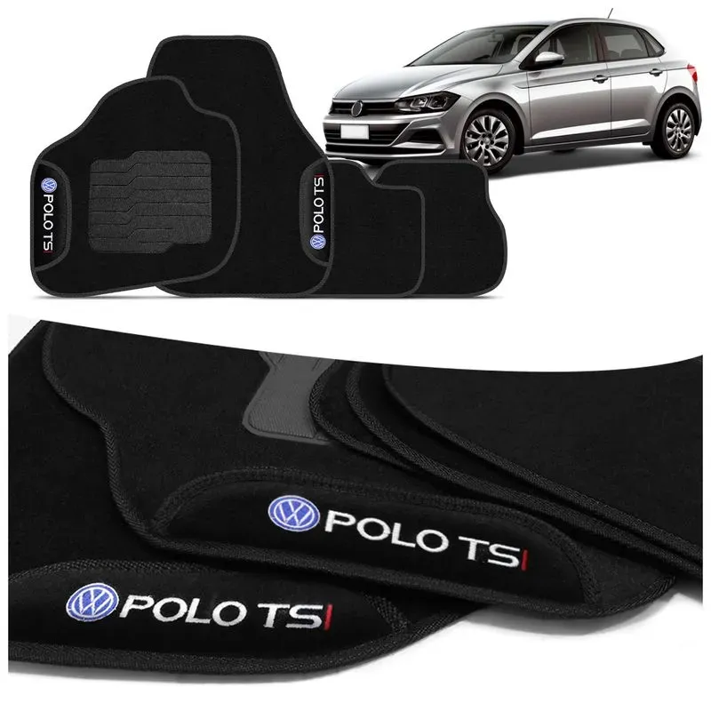 Jogo de Tapete Carpete Polo 200 TSI 2018 2019 Preto Com Logo Bordado Concept 3D 4 Peças